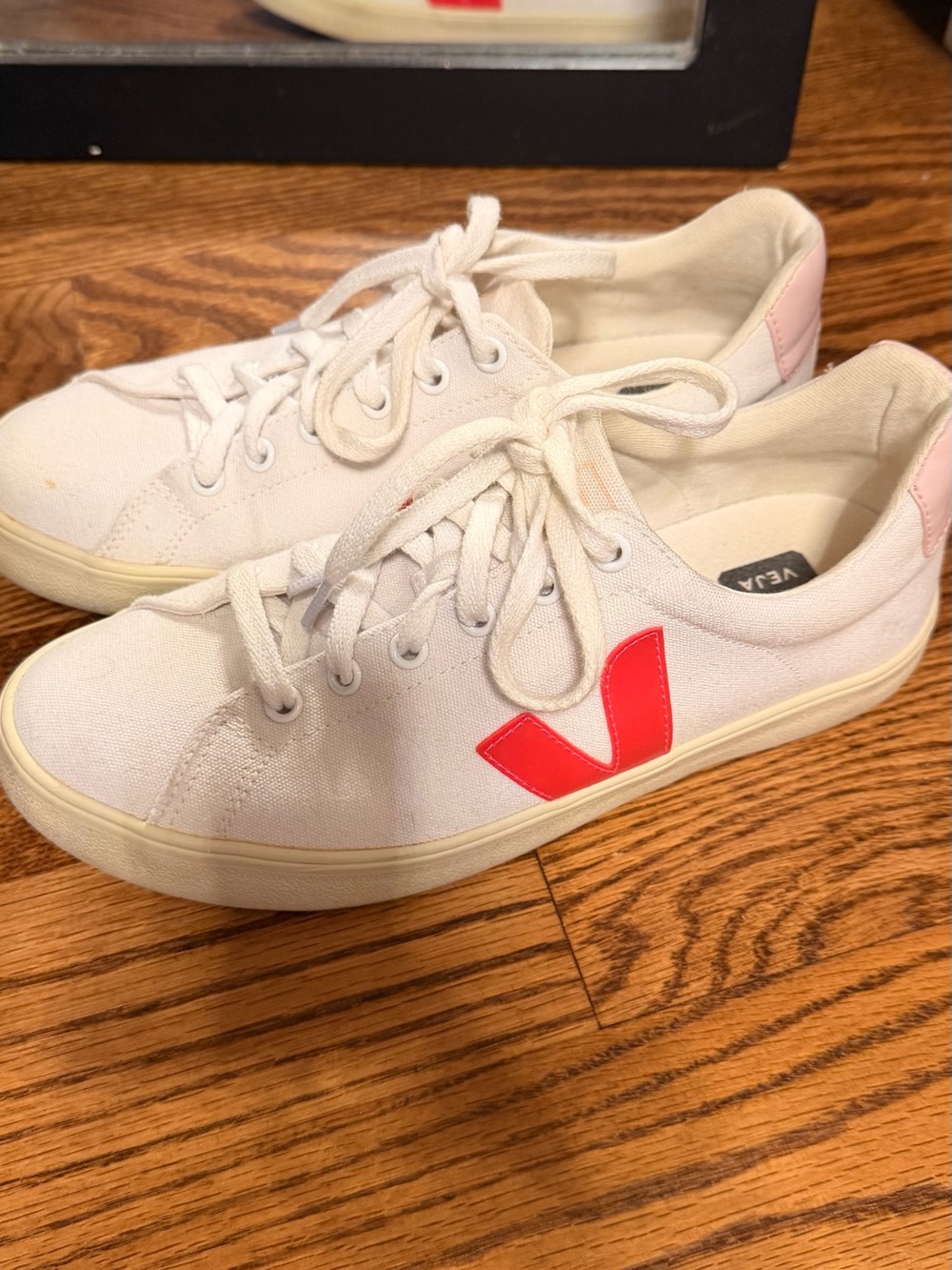 Veja Women's White Canvas Sneakers with Pink Logo Accent